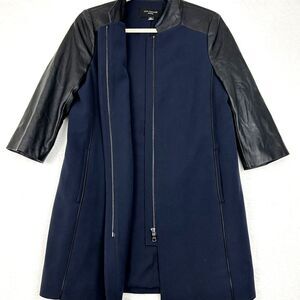Ann Taylor Womens Long Jacket Petite Size Small Navy Faux Leather 3/4 Sleeves